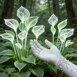 human hand intricately sculpted of marble and decorated with diamonds + reaching towards abundant flowering hosta flowers, 3 d geometric neon cubed hosta flowers, in serene forest setting, rule of thirds, clean linework, dramatic, award winning, 4 k, trending on artstation, photorealistic, volumetric lighting, octane render