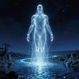 eerie, greek fantasy panorama, a magnificent translucent shining ghost giant above the magic shining river styx, at night, otherworldly, ghost giant above the horizon, stanley kubrick, 1 7 mm, wide shot, surreal, deep