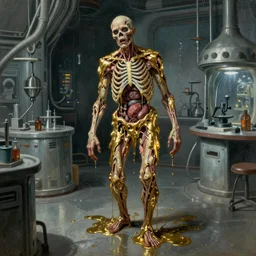 realistic Gustave Courbet painting of a sci-fi laboratory with zombie with body made guts and veins dripping golden shiny metalic cascade fluid from ribcage to the floor