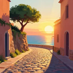 a lonely cobblestone street with a tree on a cliff over the sea at sunset, brightly illuminated by rays of sun, artstation, colorful vector illustration, by Beto Garza