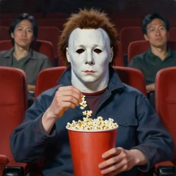 painting of Michael Myers sitting in a row of movie theater seats eating popcorn, sharp focus, face focused, trending on ArtStation, masterpiece, by Greg Rutkowski, by Ross Tran, by Fenghua Zhong, octane, soft render, oil on canvas, moody lighting, high contrast, cinematic, professional environmental concept art