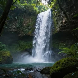 jungle cave waterfall, volumetric lighting, rtx on, an award winning digital render, beautiful, ultradetailed, great composition, depth of field