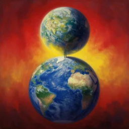 A giant standing over the earth | Masterpiece Art by beksinski | Matte painting | Oil on canvas | Digital art | Fantastic and Ominous lighting with red and yellow gradient | Immensity | Romantic art