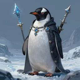 anthropomorphic evil penguin wearing dark clothes, icy landscape, gentoo penguin, weapons, dnd, mystical, large portrait, casual pose, character, fantasy, intricate, elegant, digital painting, artstation, concept art, smooth, 8 k frostbite 3 engine, ultra detailed, art by artgerm and greg rutkowski and magali villeneuve