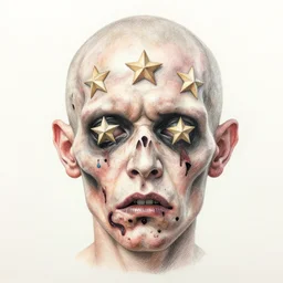 Intricate five star Zombie Facial portrait by Anna Kullberg, Colored pencil on paper, high detail, skin texture, photo realistic, hyperrealism,matte finish, high contrast, 3d depth, masterpiece, vivid and vibrant colors, Prismacolor Pencils,artstationhd