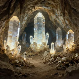 cave with giant glowing crystals in the walls and piles of bones on the floor, art by alexey gogin