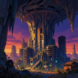 a beautiful very detailed illustration of urbex nature architecture city unfinished building building abandoned cavern industrial architecture by diebedo francis kere, retrowave at night thermal imaging cgsociety azeroth landscape lightpaint sunset matte painting gem at dusk fantasy san andreas, archdaily, wallpaper, highly detailed, trending on artstation.