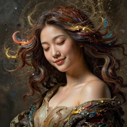 a portrait of a very beautiful young asian goddess, seductive smile, with hair radiating swirling paint and impasto, sleepy eyes by botticelli and caravaggio, background is volumetric displacement, 3 d render, hyperreal, subsurface scattering, arnold render, 8 k, houdini, xparticles