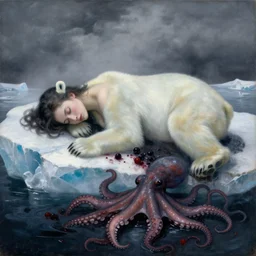 a female art student falling asleep, misty, iceberg, black paint, dark, sensual, polar bear, cloudy, squashed berries, octopus, neo - impressionist, surrealism