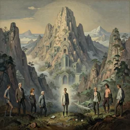 vincent di fate, syd mead, apophasis hyperrealism gustave dore rutowski gurney and bryan christie 8 k stuart brown bryan christie pennington sibylla merian esoteric hypnogogic ethereal ethereality massive dreamscape hellscape magnificent mountains insanity of the psychologic topography 8 k