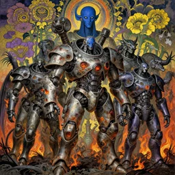 composition of gothic and futuristic, warhammer, animals in cyber armor, more scars and fire, many mechflowers, blue head, some purple and yellow, the middle ages, highly detailed, artstation, in the style of moebius, jugendstil and classic japanese print, psychedelic, art by malcolm hart, don lenzer, michael margetts, david myers, richard pearce, michael wadleigh and alfred wertheimer