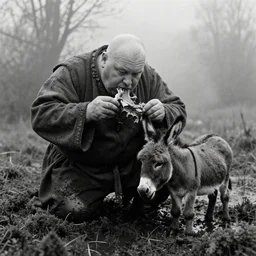 1 9 7 0 s movie still by tarkovsky of one giant obese old bald man in dirty medieval clothes eating meat with one tiny donkey in a mossy swamp, cinestill 8 0 0 t 3 5 mm b & w, heavy grain, high quality, noir, natural textures, photorealistic, ambient occlusion, hd, mud, fog, criterion collection