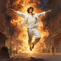 wide angle of attractive man wearing a white linen clothes levitating over the street below, arms spread wide, the world ablaze, highly detailed, digital painting, artstation, concept art, smooth, sharp focus, illustration, art by artgerm, greg rutkowski, alphonse mucha, j. c. leyendecker