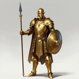character design of a male elf hoplite warrior wearing golden armor, holding a spear in one hand and a round shield in the other