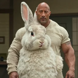 film still of dwayne johnson as a large rabbit in the movie big chungus returns. photographic, photography.