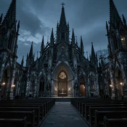 wide shot photo taken of an epic intricate, ultra detailed, super realistic empty church after dusk filmset created by weta workshop directed by tim burton, menacing, wide angle shots, moody night time scene, photorealistic, sharp focus, gloomy, extremely cold blueish colour temperature, 3 5 mm, f 1. 4