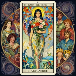 full length portrait of a beautiful mysterious chinese humanoid holding bouquet of flowers by eve ventrue, michael carson, andreas rochas, john watkiss, casey weldon, artgerm. art nouveau. tarot card by mucha. gloomhaven. swirly intricate linework background. gaudy colors, sharp edges. octane render