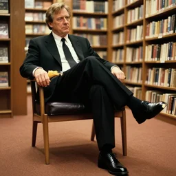 2 0 0 3 john lasseter wearing a black suit and necktie and black shoes sitting in a chair with his legs crossed in a bookstore. the sole of the shoe is exposed.