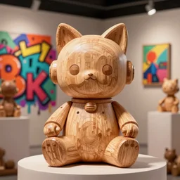 8 k octan, advertising, highly detailed, photo, a totally wooden figurine collectible art toys wooden on feet, very cute fat cyborg meditation zen, with cat ears, cyberpunk, graffiti ratio, design, showroom dealership indoor display convention exhibition a contemporary art gallery masterpiece fauvisme - a k _ dpm _ 2