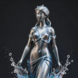 statue of a perfect woman, blue, grey anodized aluminium ( desgined by apple ), in a splash of water, studio photo, octane render, studio lights, macro lens