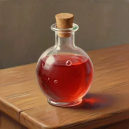 a beautiful painting illustration of a stylized health potion on a wooden table, scratched vial, bubbles, crimson, by greg rutkowski, featured on artstation, rpg item