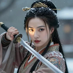 a beautiful ultradetailed fantasy character portrait of margot robbie as a geisha wielding a sword by zach sutton and charlie bowater, catchlight in the eyes, trending in behance, close up portrait photo, bokeh, 4K, during snowfall