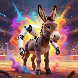 anthropomorphic donkey robot with human characteristics in an arena, digital art, epic composition, fantasy, explosion of color, highly detailed, in the style of jake parker, in the style of conrad roset, swirly vibrant colors, sharp focus