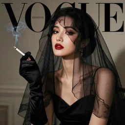 Beautiful girl in black veil and black gloves holding a lit cigarette in her hand. Expressed noir style, photo shoot, model posing, cigarette smoke, award winning, retro, VOGUE, 85mm, masterpiece.