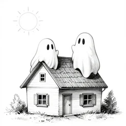 ghosts on house, day sky with happy sun, sketch, draw, ink art, b & w, by james jean and david diao