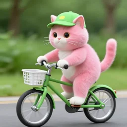 a pink cat with a green hat riding a green bike