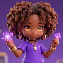 ! dream nendoroid black girl hazel levesque with [ curly ] brown hair and amber eyes wearing a purple t shirt, african american, jewelry and magic powers by loish, african american girl, dark brown skin