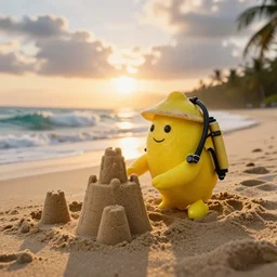 5 0 mm photograph, of a real anthropomorphic lemon character, fit, with lemon skin texture, it is wearing a hat and scuba diving, building a sandcastle on the beach at sunset, beach, huge waves, sun, clouds, tropical trees, rim light, cinematic photography, professional, sand, sandcastle, volumetric lightening