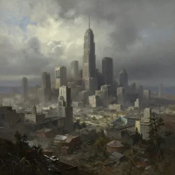 a post apocalyptic a large city landscape after a nuclear war, overcast sky, beautiful painting, fallout 4 concept art, painted by albert bierstadt