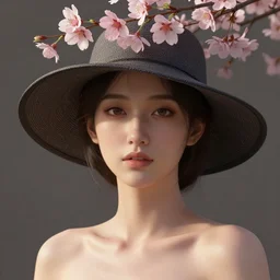 a candid portrait of a female wearing a hat with sakura on top, au naturel, hyper detailed, digital art, artstation cgsociety masterpiece, cinematic lighting, studio quality, smooth render, unreal engine 5 rendered, octane rendered