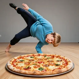 angela merkel do break dancing on a floor of pizza