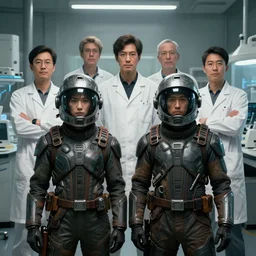 The two TAU operators and the four technicians in the laboratory, close group portrait, character art, concept art, character design, sci-fi, helmet, cinematic composition, hyper detailed, matte painting, poster, portrait, Bayard Wu, Greg Rutkowski, Cedric Peyravernay, Anato Finnstark, artstation, 8k