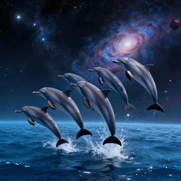 a group of cosmic dolphins jumping out of a ocean in the cosmos in space, epic composition, 4 k