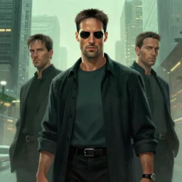 battle hardened, overpowering, pragmatic, charismatic characters from the matrix, face centered portrait, confident, modern cityscape, outdoors, architecture, fog, rain, volumetric lighting, illustration, perfectly shaded, greenish tinge, cold lights soft painting, art by krenz cushart and wenjun lin