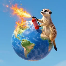 planet - sized meerkat extinguishing with a fire extinguisher the planet earth on fire, whole planet view, fantasy, high quality matte painting, cartoony