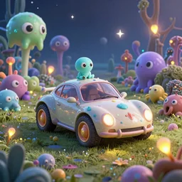 A fancy alien car on a magical biome of full of oddities, fireflies, slimes, slimy, goofy, sparkles, fantasy, fantastic, positive vibes, behance, artstation, unreal render, unreal engine 5, realistic, octane, smooth, 8k