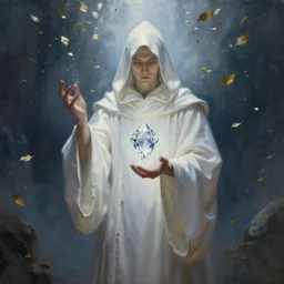 ''cinematic shot'' white hooded mage ( spectre ) holding a diamond with leaves falling simetrical 8 k atmosferic realistic made by ivan aivazovsky, peter mohrbacher, greg rutkowski volumetric light effect broad light oil painting painting fantasy art style sci - fi art style realism premium prints available artwork unreal engine