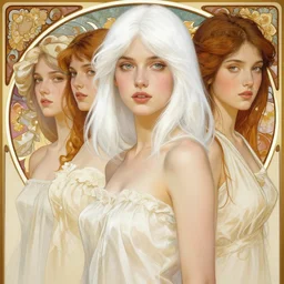 handsome young women with shoulder length white hair, half body shot, path traced, highly detailed, high quality, digital painting, alena aenami, lilia alvarado, shinji aramaki, karol bak, alphonse mucha, tom bagshaw