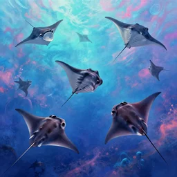 a group of magical manta ray swimming in the vibrant skies of a fantasy world, intricate detail, epic composition, 8 k