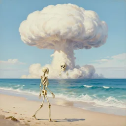 a skeleton walking on a beach next to the ocean with nuclear bomb explosion in the background, a naturalism painting by Storm Thorgerson, featured on cg society, matte painting, realistic, chillwave, anatomically correct, light colors, photo-realistic huge mushroom-cloud, skull, hands