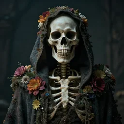 cinematic shot epic portrait skeleton wearing a dark robe covered in flowers, hyper realistic, mood lighting, fantasy, detailed face, highly detailed, super realistic, perfect lighting javascript