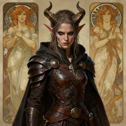 masterpiece portrait of a surly and resentful female tiefling thief with small horns clothed in ragged leather armor and a cloak, by Greg Rutkowski and John Collier and Krenz Cushart and Artem Demura and Alphonse Mucha and Albert Aublet, as seen on ArtStation, 4k, dungeons and dragons, very aesthetic, very detailed, intricate, unreal, fantasy, dramatic, painterly, artstation, sharp focus, smooth