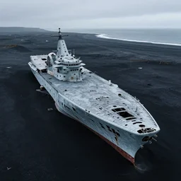 low angle cinematic aerial shot of abandoned aircraft carrier in the middle of black sand beach in iceland