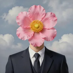 portrait of a faceless beautiful pink flower - head man in a suit, clouds in the background, by rene magritte, detailed painting, distance, centered, hd, hq, high resolution, high detail, 4 k, 8 k