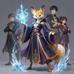 wide angle beautiful full body portrait of a strong female anthropomorphic anthro fennec fursona wearing ornate wizard robes and casting a ice spell. character design by disney, anime, manga, charlie bowater, ross tran, artgerm, and makoto shinkai, detailed, soft lighting, rendered in octane