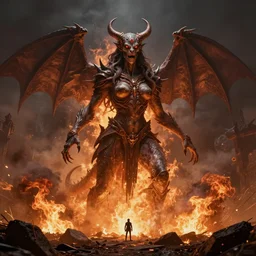 scorched! lilith the mother of all monsters, raining ash, fine art masterpiece, highly detailed dino valls wayne barlowe machiej kuciara, dramatic lighting, long shot, wide angle, uhd 8 k, sharp focus